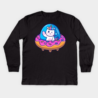 Cute Unicorn Flight With Donut UFO Cartoon Kids Long Sleeve T-Shirt